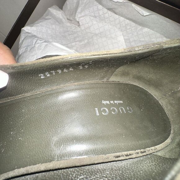 Authentic GUCCI Olive Green Suede Bamboo Stiletto Peep Toe Heel Shoe Size 39 EUC - Picture 14 of 16